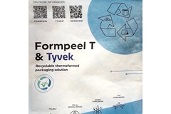 Image Formpeel T & Tyvek recyclable medical packaging display featuring recycling symbols and certification graphics.